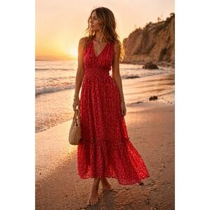 Eywasouls Malibu Maria Red Floral Tiered Maxi Dress Size XS/S